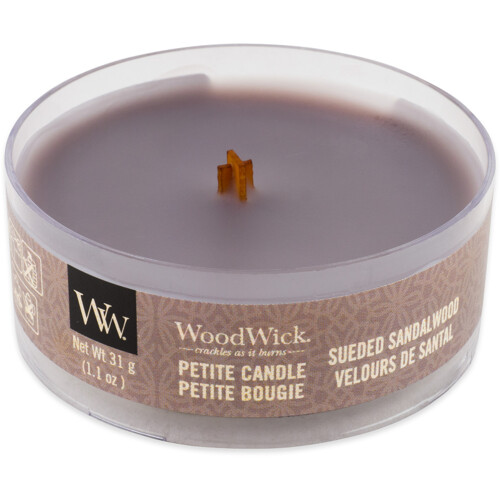 Woodwick 31 g Sueded sandalwood, praskavý zvuk krbu