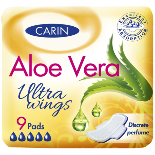 Carin Aoe vera ultra wngs 9 ks - vložky s křidélky a vůní aloe vera, velikost normal