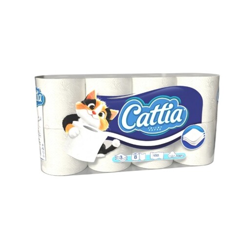 Toaletní papír Cattia 3v. 8 ks, bílý 100 % cel.,návin 15 m, baleno po 8 ks, pytle 64 ks